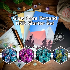 Glow from Beyond - Personageblad met complete set glitterdobbelstenen en notitieboekjes, D&D-campagne, starterspakket, RPG-cadeaus, legendarische worpen