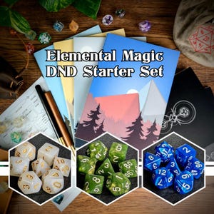 May include: A set of notebooks with the text Elemental Magic DND Starter Set, featuring a landscape cover illustration. Includes three distinct groups of polyhedral dice in white, green, and blue, alongside a character sheet and a dice bag.