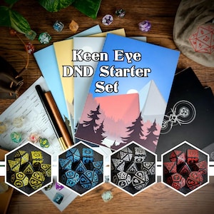 Keen Eye - Character Sheet with Full Set of Pattern Dice & Notebooks, DND Campaign, Starter Pack, RPG Gifts, Fabled Rolls