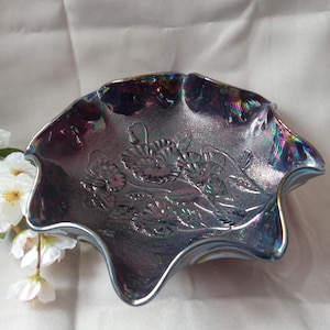 Imperial Glass Purple Pansy Ruffled Carnival Glàss Bowl 9&quot; Dia Collectible Glass Vintage Antique