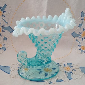 Vintage Collectible Glass Antique Art Glass Blue Opalescent Hobnail Cornucopia Style Pattern Candle Holder Vase 5&quot; Tall made by Fenton Glass
