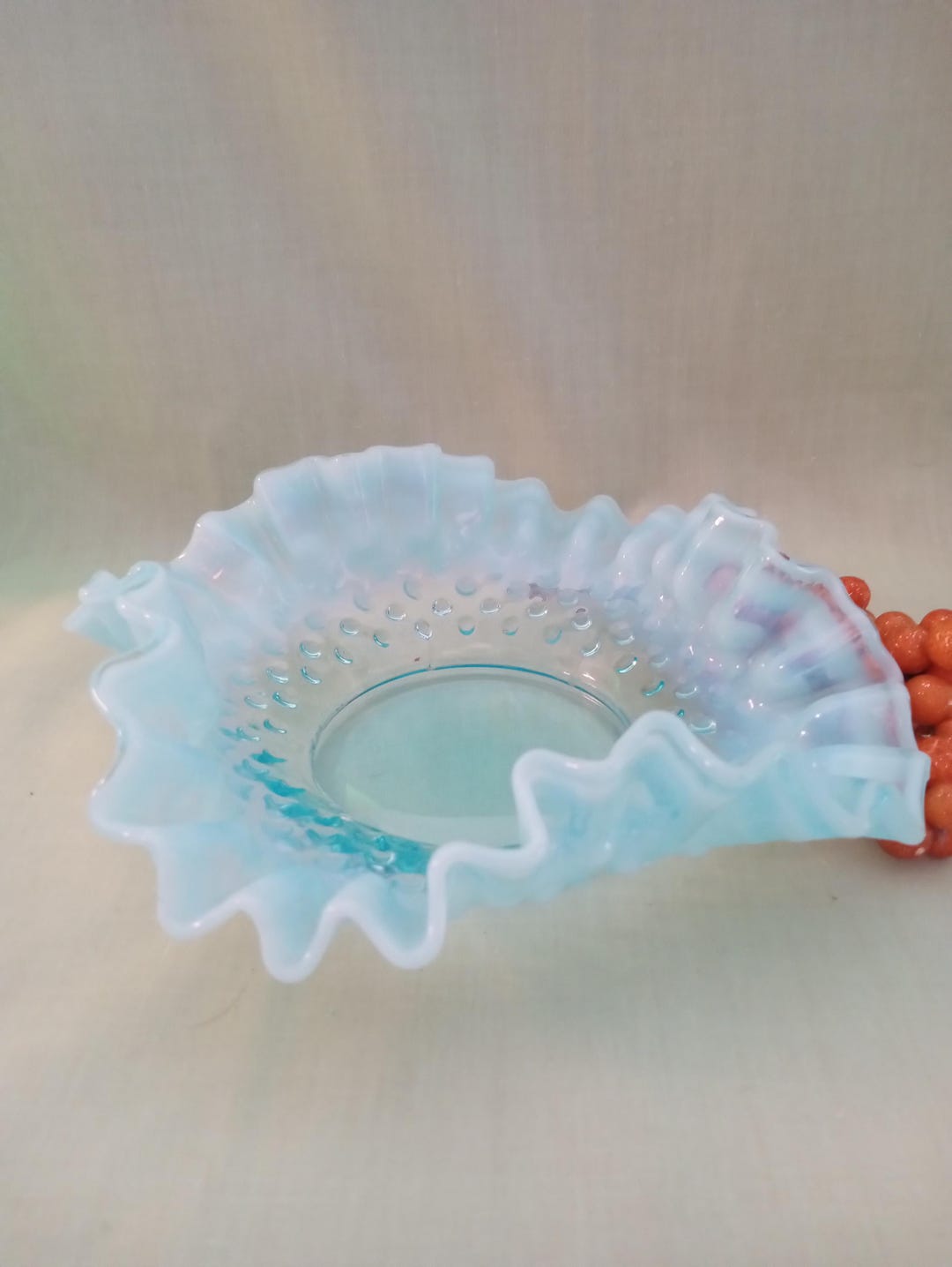 Blue Opalescent Hobnail Ruffled Edge Candy Dish Pattern Made by Fenton ...