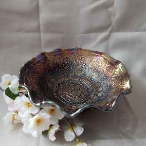 Fenton PERSIAN MEDALLION Carnival Ruffled Bowl Rare Marked Collectibles Glass Antique Vintage