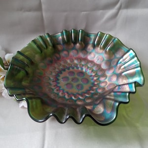 Fenton Coin Dot Green Carnival Glass Bowl Collectible Glass Antique Vintage.  Has a few minor scratches shown in pic.