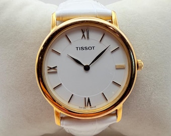 Vintage Tissot Quartz Gold Tone 32mm – White Dial – New White Leather Strap – Swiss Made