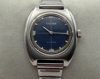 Citizen Damenuhr mit 21 Steinen, mechanisch – Ref. 4-012453-K, Edelstahl, blaues Zifferblatt, Vintage-Handaufzug