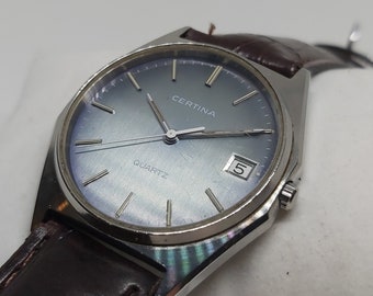 Vintage Certina Quartz Men's Watch: Gray Blue Sheen Dial, Brown
