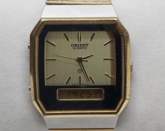 Vintage Orient Anadigi Quartz Watch: Gold Accent Stainless Steel