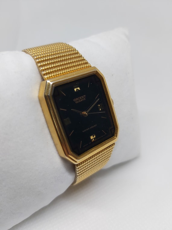 Rare Vintage Orient Tank Watch - Black Dial and Gold-toned