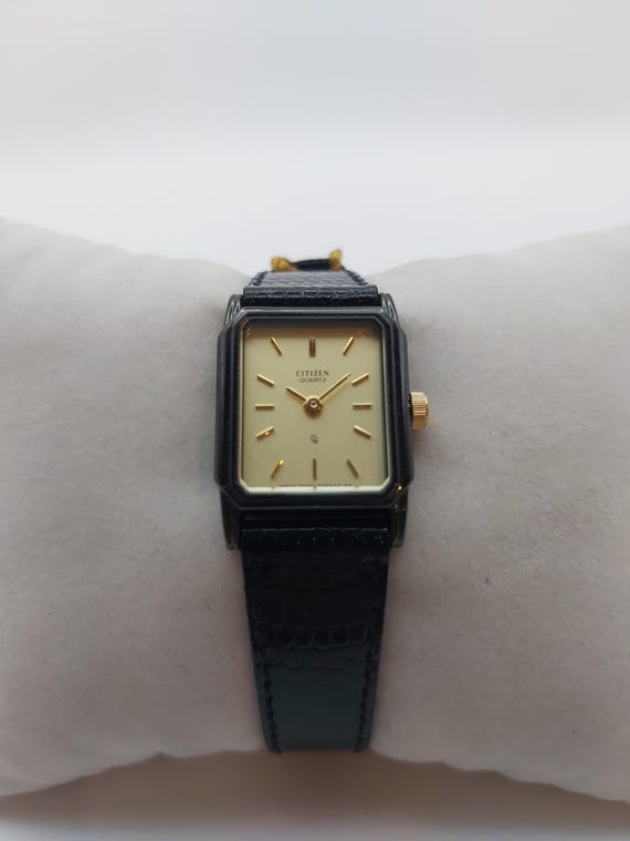 NOS Vintage Citizen Tank Watch: Cream Dial, Black Case, 1980s