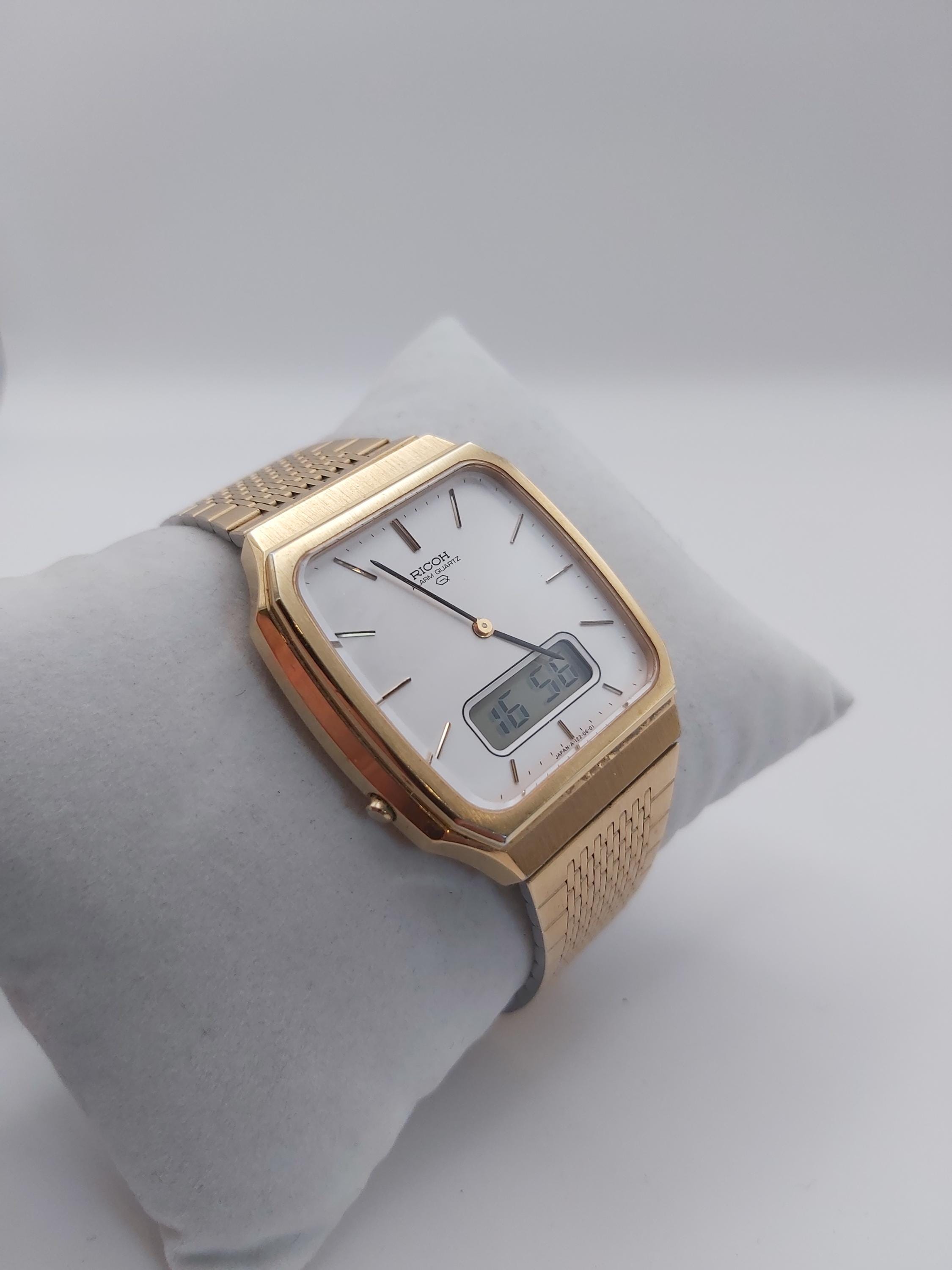 Vintage 1981 Ricoh Ana-digi Watch - Gold-tone, Dual Display