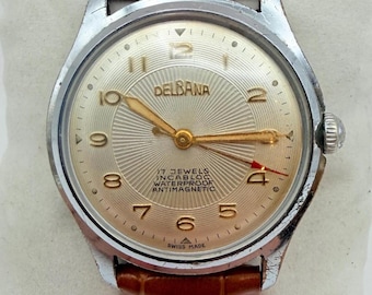 Vintage Delbana Swiss Watch – Champagne Textured Dial, Red Seconds Hand, New Leather Strap