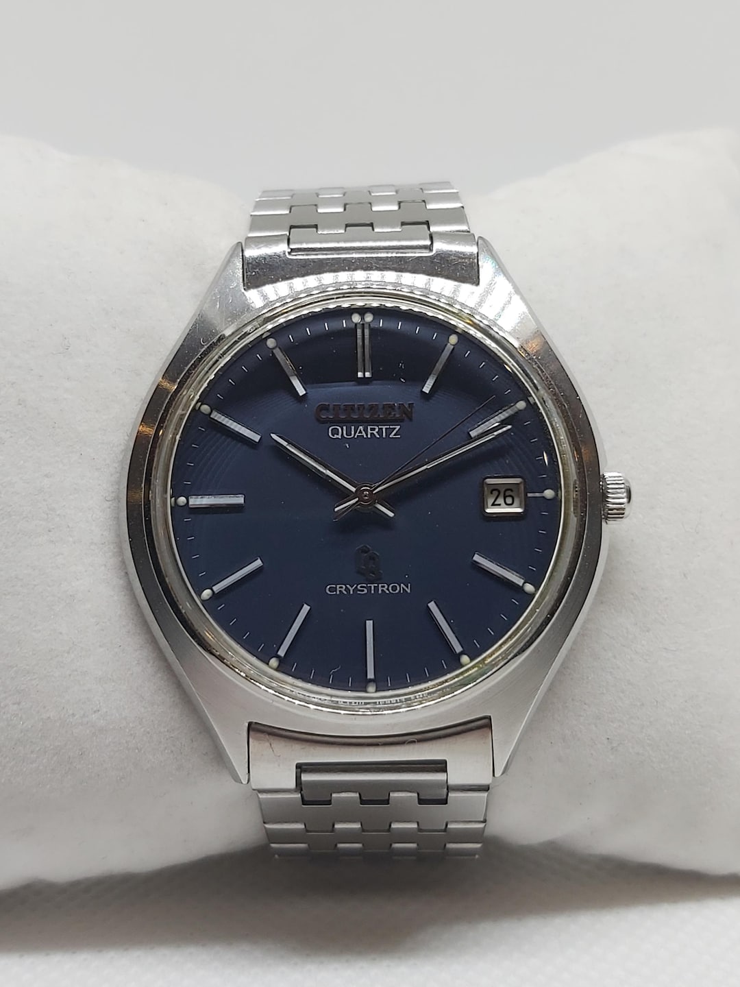 Rare Vintage Citizen Crystron Quartz Watch: Blue Dial Stainless