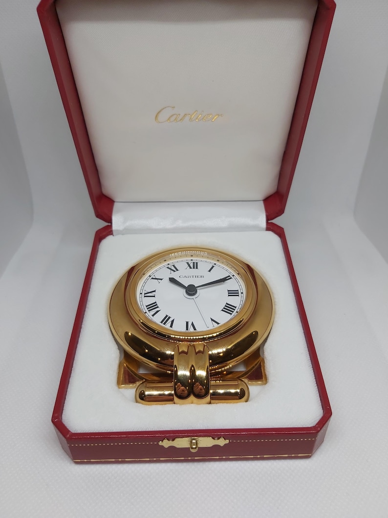 Cartier Colisée Alarm Travel Clock | Quartz | 18k 3N Gold-Plated | Sapphire Crown | Full Set | 1987 | Excellent Condition image 7