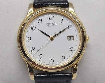 Vintage Citizen Quartz Dress Watch – Gold-Tone, White Dial, Original Leather Strap, Fully Working