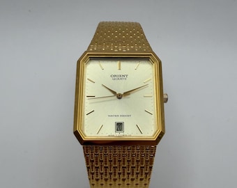Orient Quartz Octagon | Gold-Tone | Textured Bracelet | Date | Water-Resist | Japan Made | Original Display Box | Vintage
