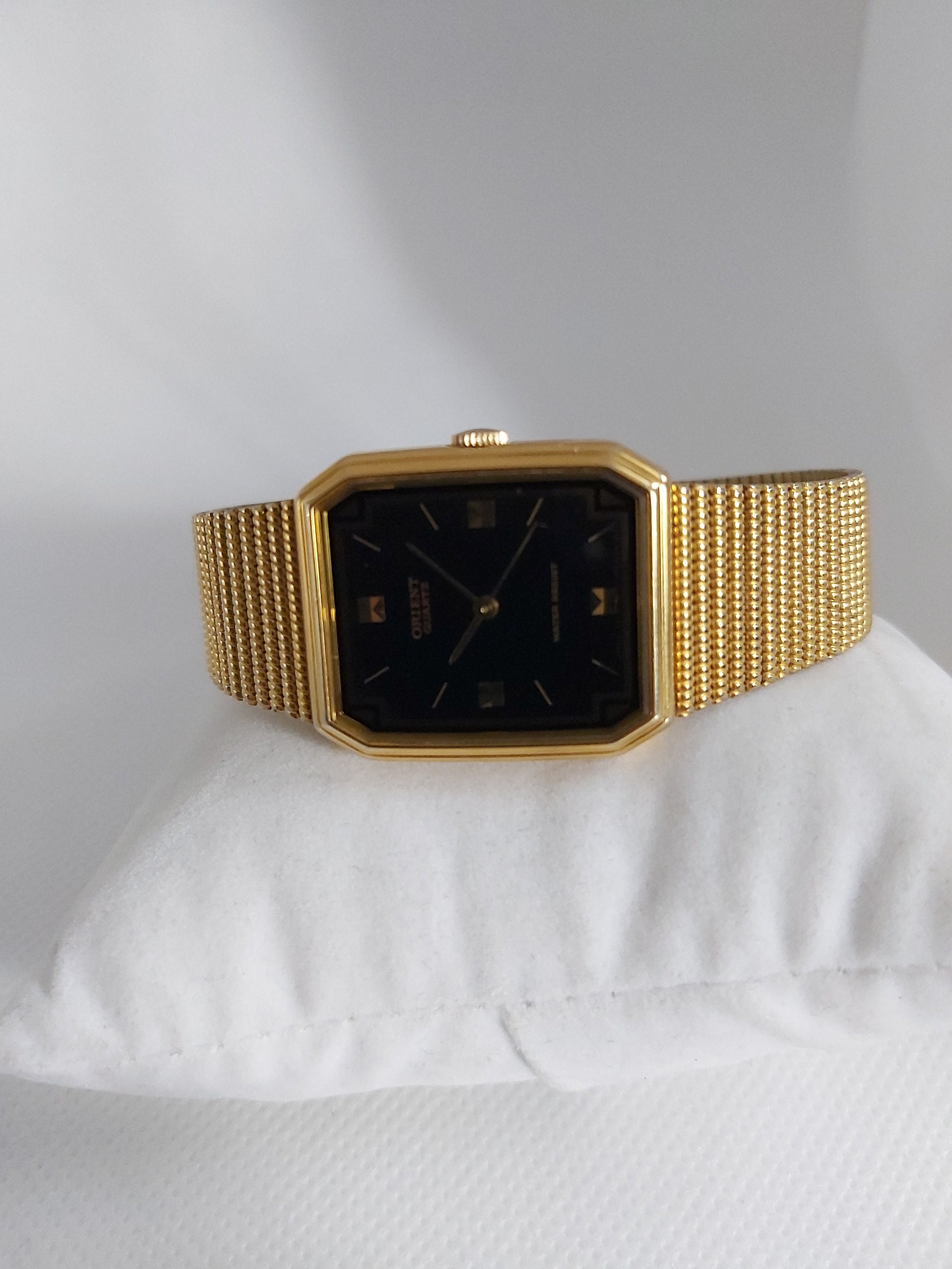 Rare Vintage Orient Tank Watch - Black Dial and Gold-toned