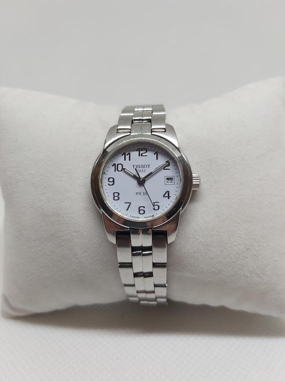 Vintage Tissot PR50 Ladies Watch: Minimalist White Dial, Stainless