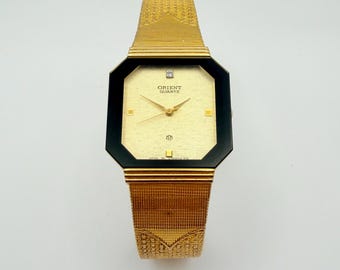 Vintage Orient Quartz C7581V-40 Octagonal Gold Tone Dress Watch | Linen Dial | Diamond | Ultra Slim