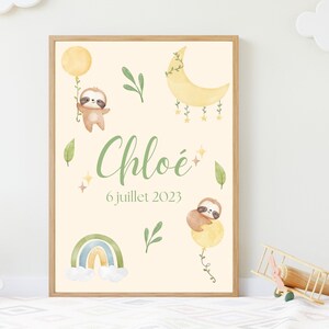 Póster de nacimiento personalizado con globo de perezoso - Póster de bebé - Nombre y fecha - PDF digital