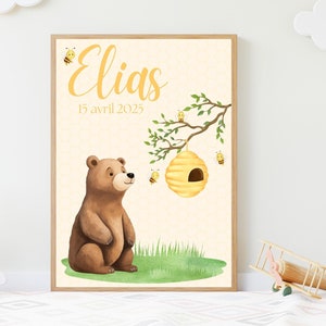 Póster infantil personalizado de oso abeja - Póster infantil bebé - Nombre, fecha - PDF digital