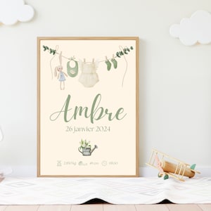 Affiche de naissance personnalisée corde à linge - Affiche bébé enfant - Prénom, date, poids, taille, heure - PDF numérique