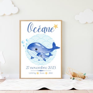 Cartel personalizado del nacimiento de ballenas - Cartel del niño bebé - Nombre, fecha, peso, altura, hora - PDF digital