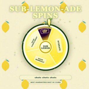 May include: A circular game wheel titled SUB-LEMON-ADE SPINS with a yellow lemon slice design. The wheel features segments labeled LEMON SHOT, SOUR COMPLIMENT, HYDRATE, and SOUR WORKOUT. The center reads SUB LEMON, with text below reading shots shots shots.