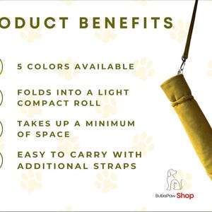 May include: A yellow yoga mat carrier with an adjustable strap. The carrier is rolled up and has a zipper closure. The text "PRODUCT BENEFITS" is visible at the top of the image. The text "5 COLORS AVAILABLE", "FOLDS INTO A LIGHT COMPACT ROLL", "TAKES UP A MINIMUM OF SPACE", and "EASY TO CARRY WITH ADDITIONAL STRAPS" is visible below the image of the carrier. The text "BubaPaw Shop" is visible at the bottom of the image.