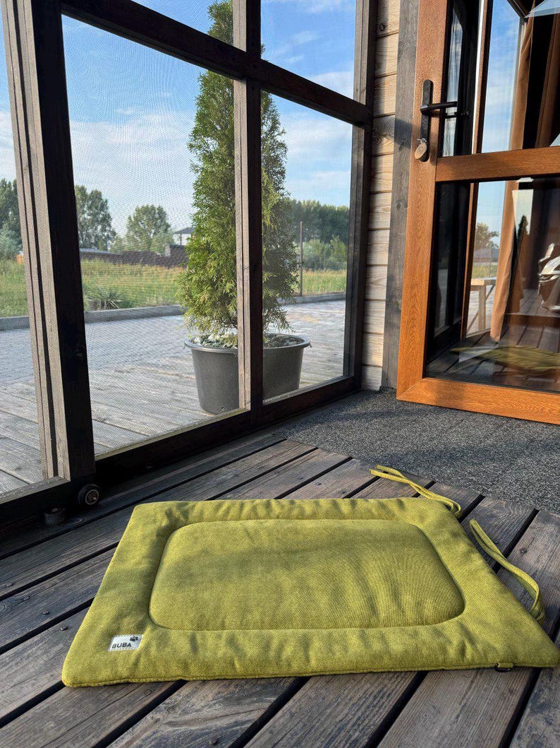 May include: A green rectangular dog bed with a brown border and the word "BUBA" printed on the bottom left corner. The bed is on a wooden floor in front of a glass door.