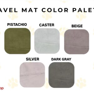 May include: Color palette for travel mats, showing five different colors: pistachio, caster, beige, silver, and dark gray.