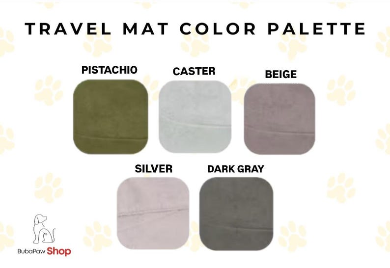 May include: Color palette for travel mats, showing five different colors: pistachio, caster, beige, silver, and dark gray.
