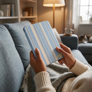 Puede incluir: Una funda para lector electrónico de color azul claro con un patrón de rayas verticales en tonos blanco y azul oscuro. La esquina inferior derecha de la funda muestra las letras del monograma ZM en color dorado. La funda tiene un acabado mate.