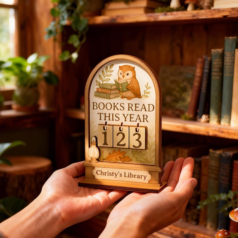 May include: Wooden book counter with an owl illustration reading a book, and the text "BOOKS READ THIS YEAR". The counter displays the number 123. The base reads "Christy's Library".