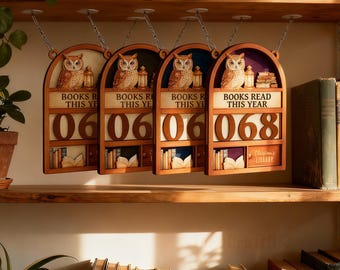 May include: Four wooden book trackers hanging from chains, each with an owl, lantern, and the text "BOOKS READ THIS YEAR." The numbers on the trackers read 06, 06, 06, and 068. The bottom of each tracker has a small bookshelf.