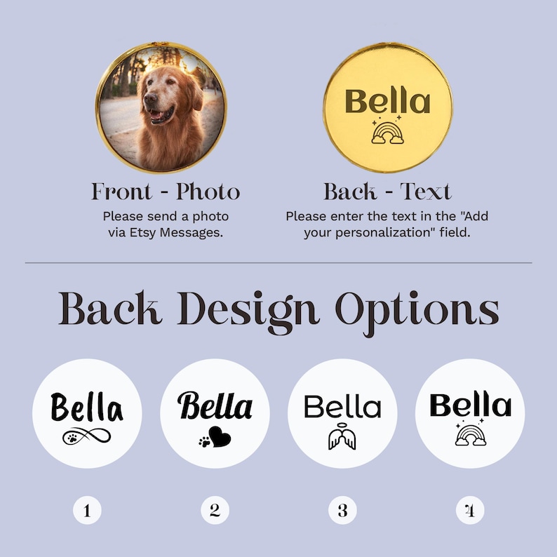 May include: A product image showing a gold-colored pet tag with a photo on the front and text on the back. The image also displays four back design options with the name "Bella" and various symbols, including a paw print and a rainbow.