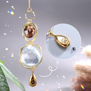 May include: A gold-colored pet memorial ornament with a photo of a dog, a large crystal, and a small teardrop-shaped charm with a paw print. The ornament hangs from a delicate chain.