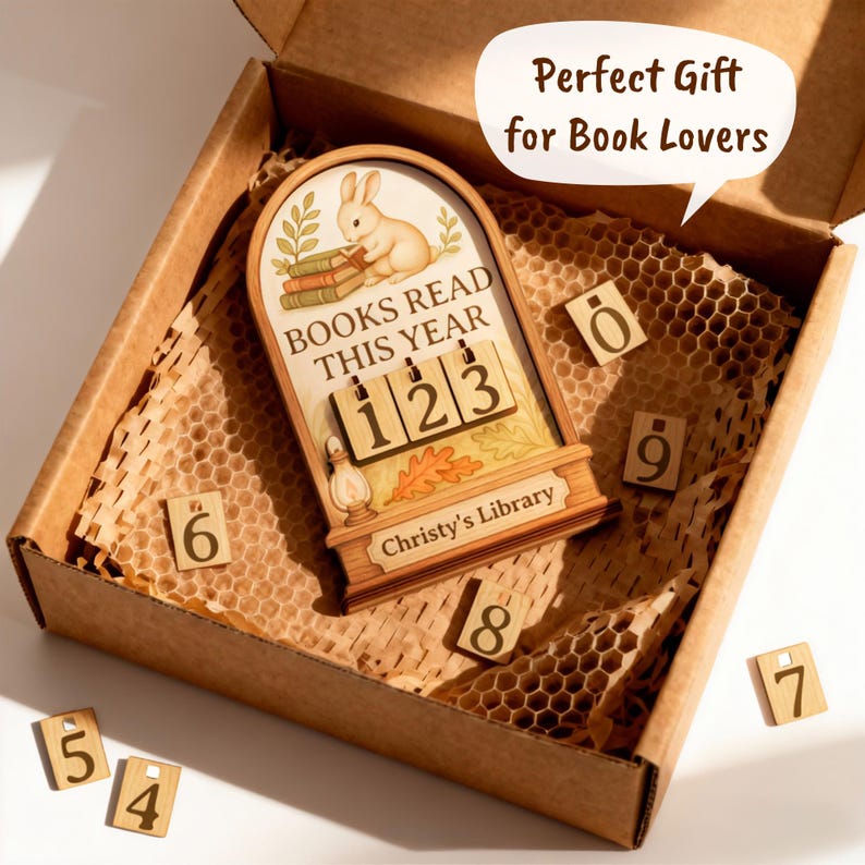 May include: A wooden book counter with a bunny illustration, the text "BOOKS READ THIS YEAR", and the name "Christy's Library". Includes number tiles. The counter is inside a cardboard box with honeycomb packing material.