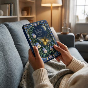 May include: A rectangular e-reader case featuring a dark blue stained glass design with a glowing firefly, a crescent moon, and blue bell flowers. The text reads LOST IN BOOKS and CHLOE in white lettering centered on the front cover.
