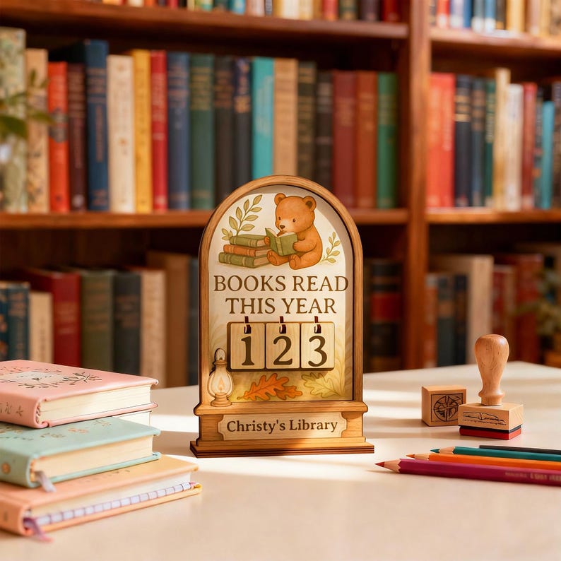 May include: Wooden "Books Read This Year" counter with a bear reading a book illustration. The counter has a light brown finish, with the numbers "123" displayed. The base reads "Christy's Library".