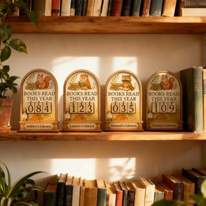 May include: Wooden book counter with the text "BOOKS READ THIS YEAR" and a number display. Each counter features a different woodland animal: a squirrel, an owl, a raccoon, and another squirrel. The counters are on a wooden shelf.