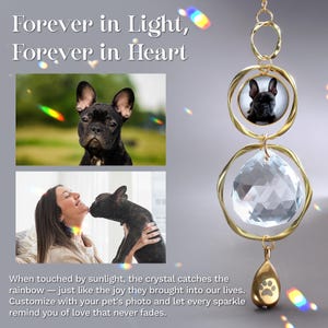 May include: A gold-toned suncatcher with a clear crystal and a paw print charm. The suncatcher features a circular frame holding a photo of a black French Bulldog. Text reads "Forever in Light, Forever in Heart."