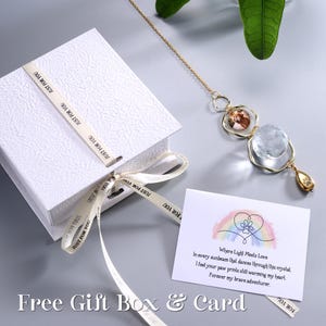 May include: A white gift box with a ribbon that says "Just For You" and a gold-colored crystal suncatcher with a photo and a paw print charm. A card with a rainbow and text is also included.
