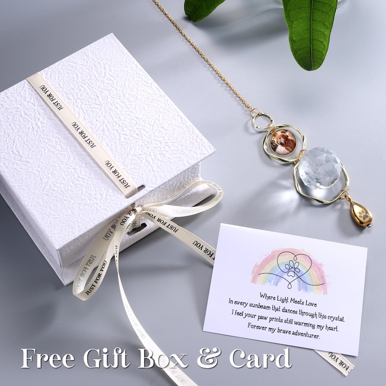 May include: A white gift box with a ribbon that says "Just For You" and a gold-colored crystal suncatcher with a photo and a paw print charm. A card with a rainbow and text is also included.