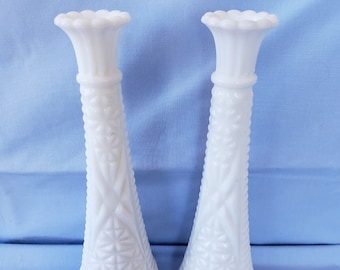 2 Vintage White Milk Glass Bud Vases  - 9.25" Tall.  Matched Set