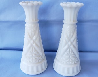 2 Vintage White Milk Glass Bud Vases  - Small 6" Tall.  Matched Set