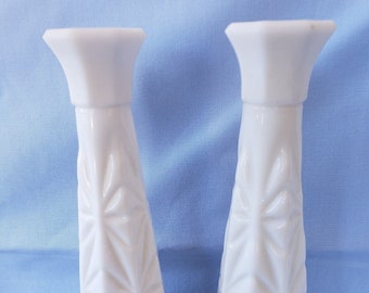 2 Vintage White Milk Glass Bud Vases  - 9" Tall.  Matched Set