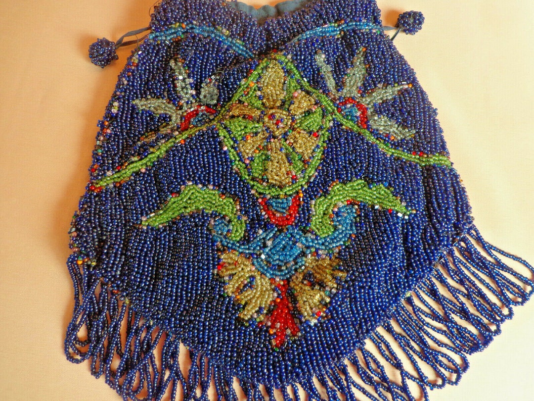 Antique Victorian Micro Beaded PURSE in Blue With a Drawstring Closure ...
