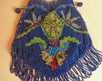 Antique Victorian Micro Beaded PURSE in Blue with a Drawstring  Closure and Fringe + Original Mirror