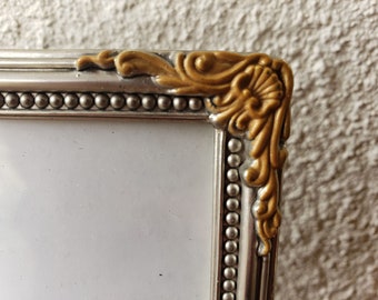 Vintage 5 x 7 Silver Metal PICTURE FRAME with Fancy Gold Corner Details and an Etched  Surround